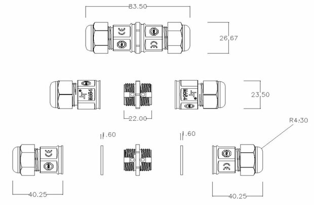 waterdichte connector afmetingen